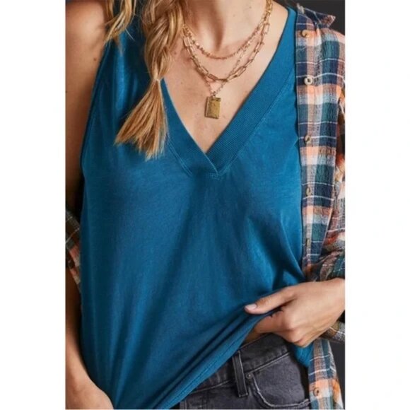 Anthropologie Daily Practice 100% Cotton V Neck Teal Blue Tank Top Size Medium - Picture 1 of 11